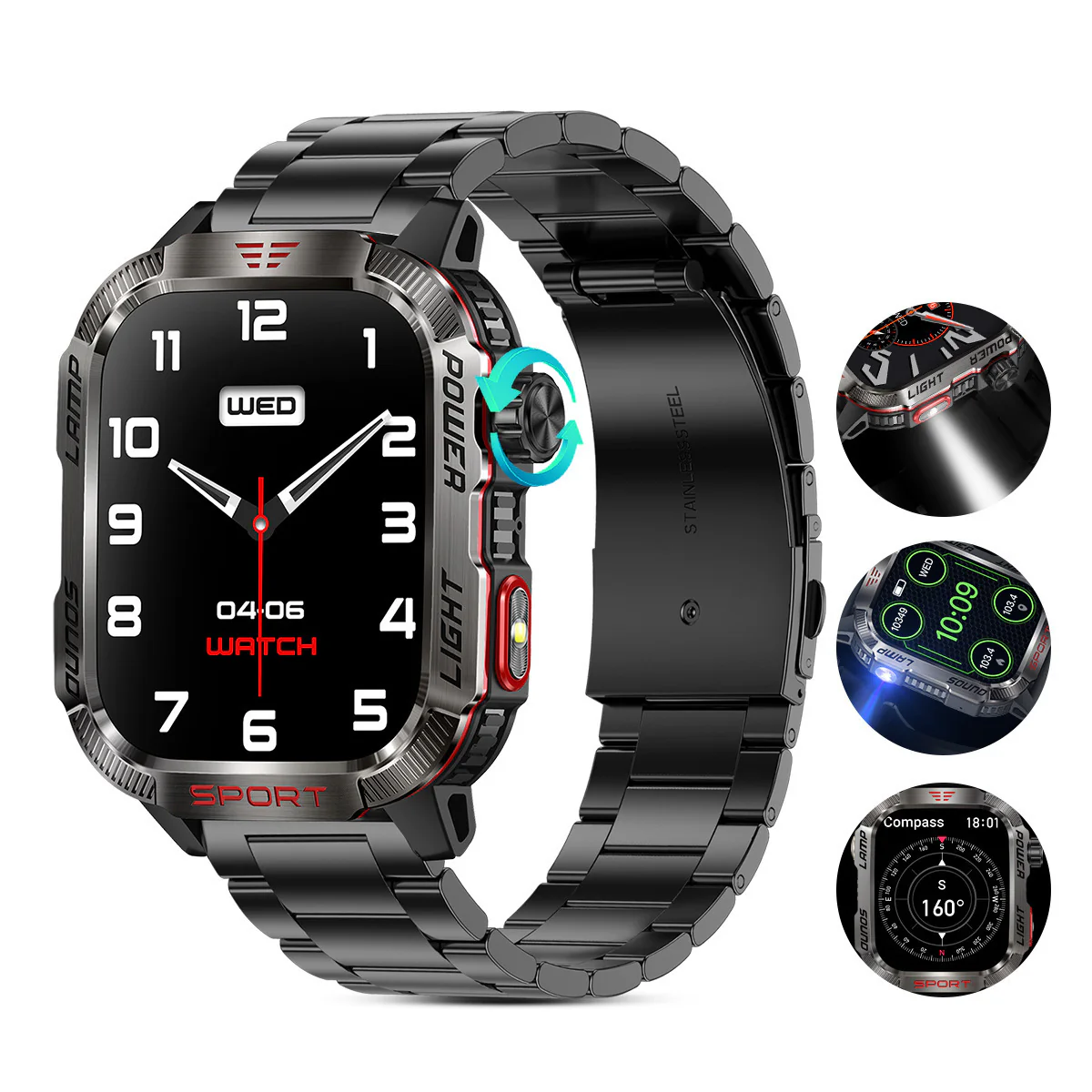 SMARTWATCH TIPO MILITAR - NEGRO - CORREA METALICA