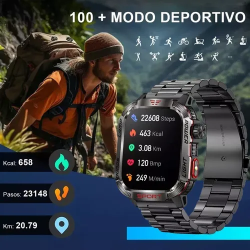 SMARTWATCH TIPO MILITAR - NEGRO - CORREA METALICA - Imagen 3