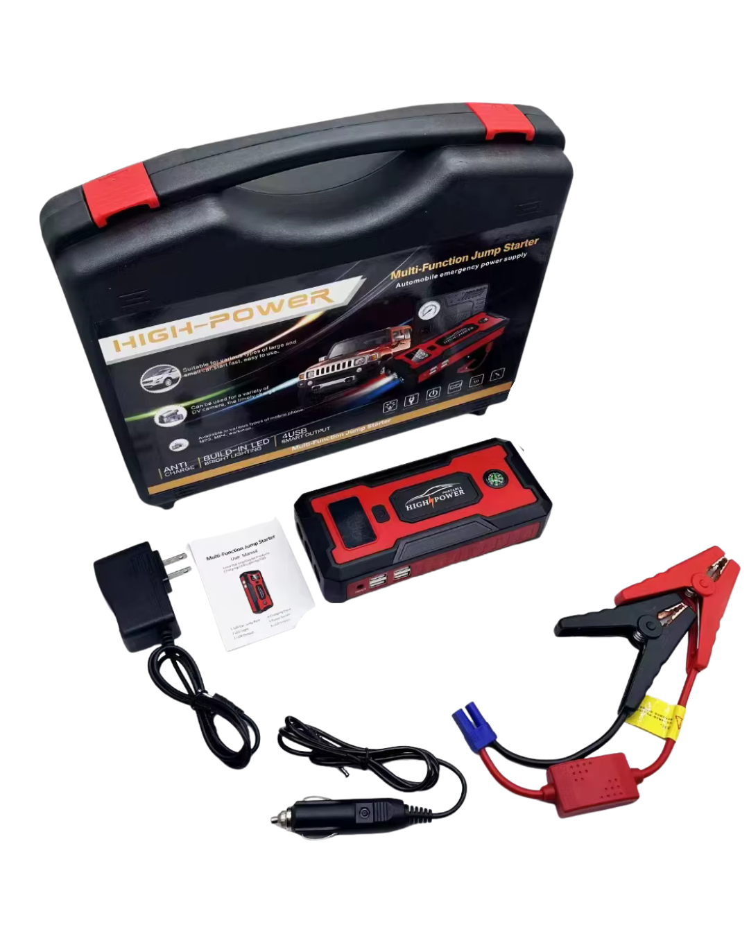 ARRANCADOR DE BATERIAS 12 VOLTIOS - POWERBANK MULTIFUNCIONAL - MOTO - CARRO - 4 PUERTOS USB - LUCES DE EMERGENCIA