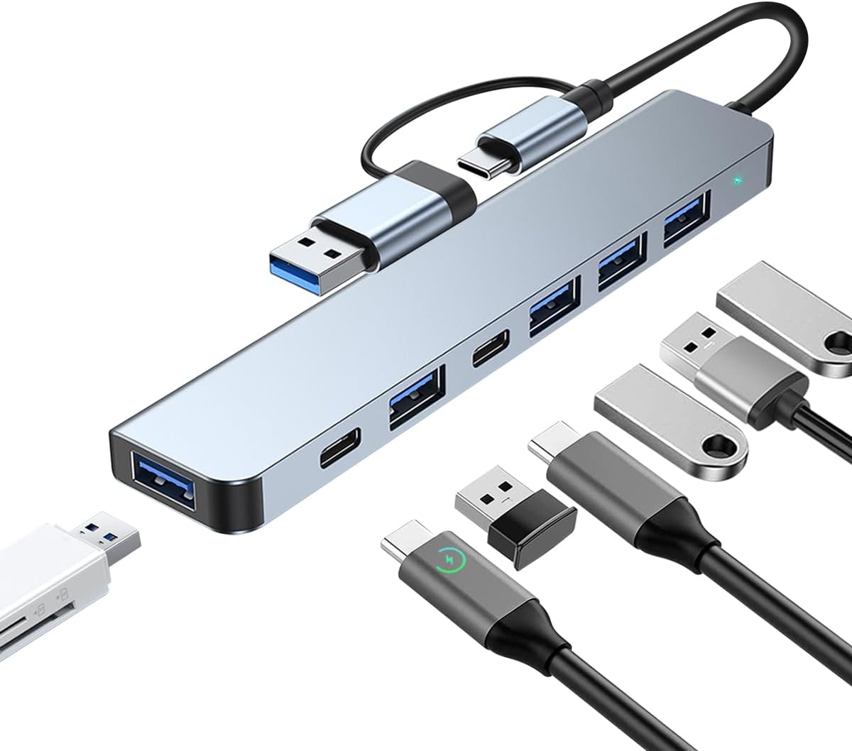 REGLETA MULTIPUERTOS TIPO C Y USB - 7 EN 1 - 5 PUERTOS USB - 2 TIPO C - HUB