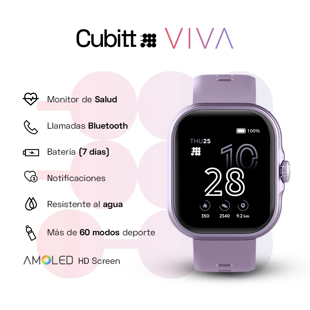 SMARTWATCH CUBITT VIVA 2 - LILA - RESISTENTE AL AGUA 3O METROS - NOTIFICACIONES - RITMO CARDIACO - ASISTENTE DE VOZ - MONITOR DE ESTRES - Imagen 2
