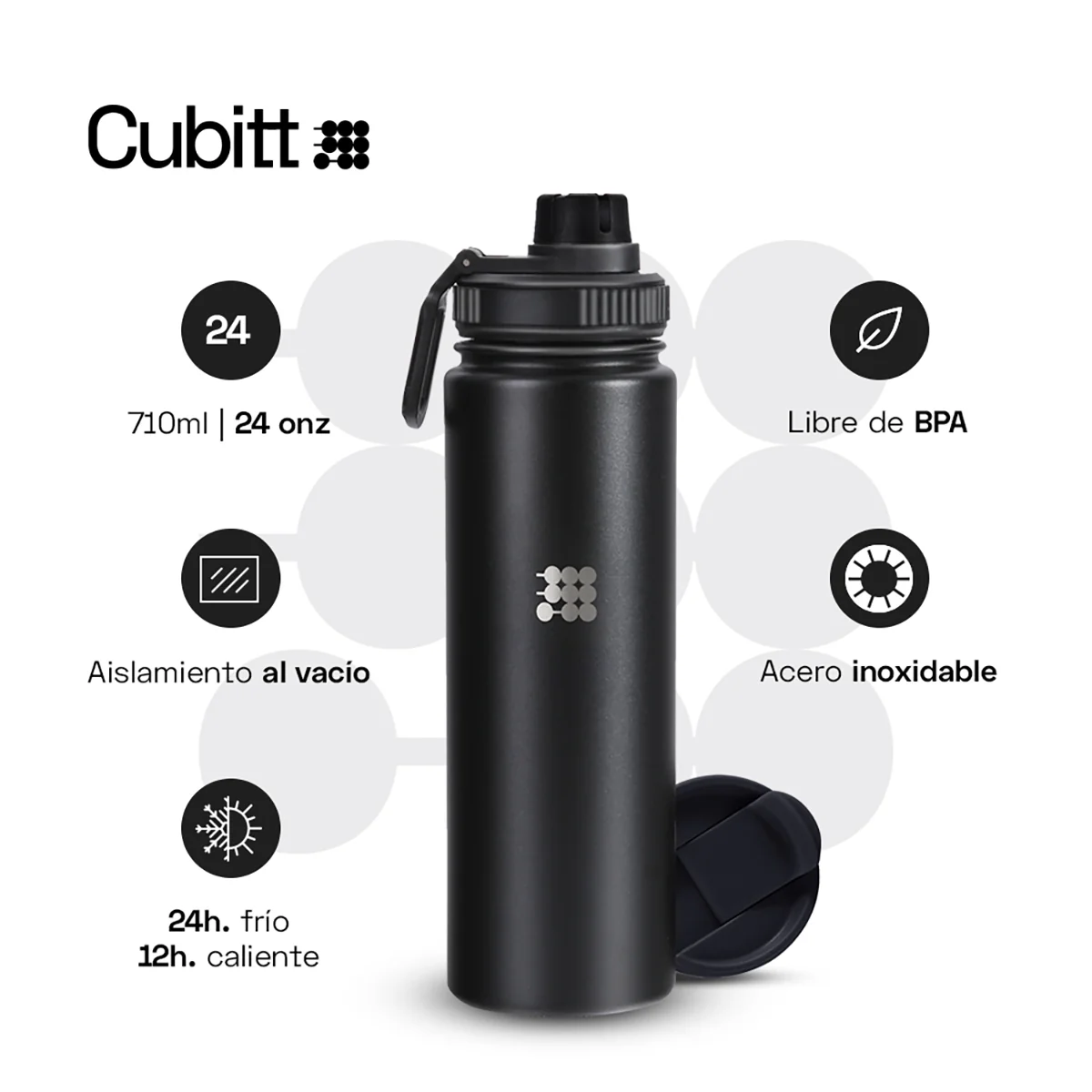 TERMO CUBITT HYDRO BOTTLE - NEGRO - 24 ONZ - 24H FRIO - 12H CALIENTE ALTURA 21CM - Imagen 2