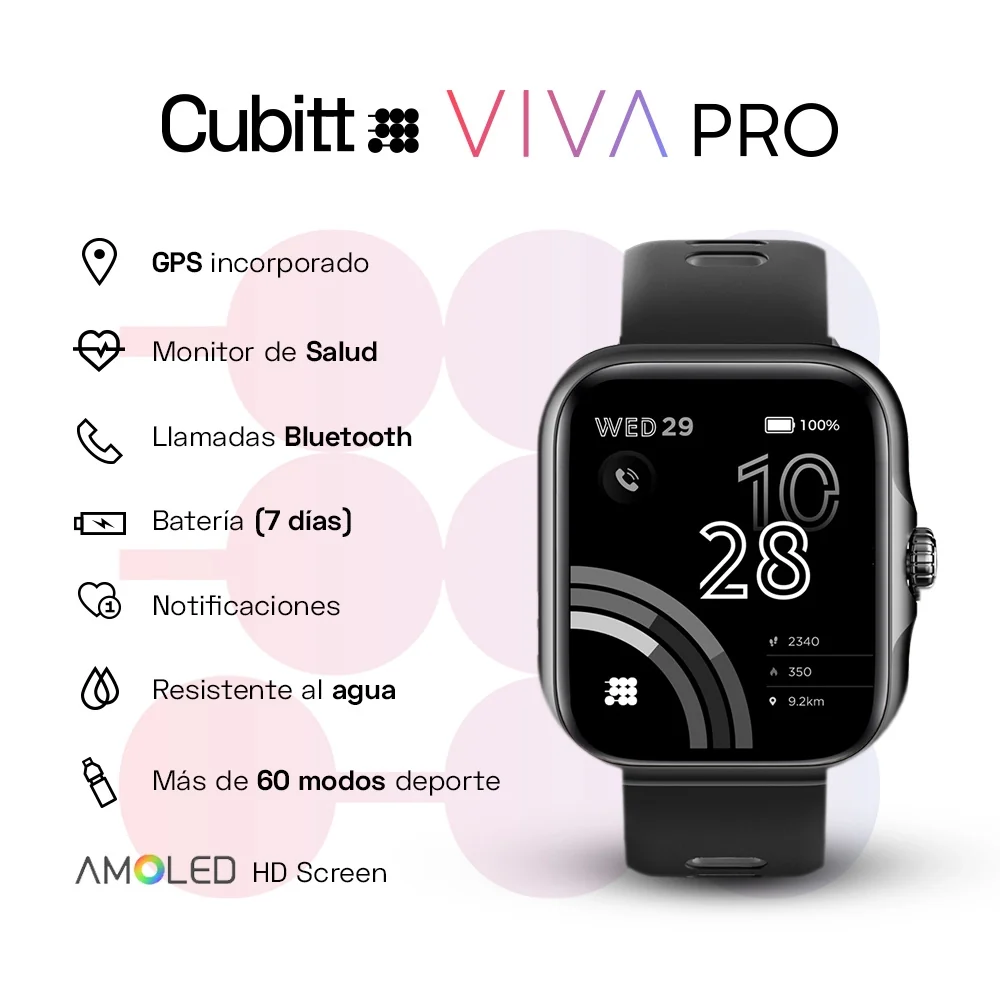 SMARTWATCH CUBITT VIVA PRO 2 - NEGRO - RESISTENTE AL AGUA 3O METROS - NOTIFICACIONES - RITMO CARDIACO - ASISTENTE DE VOZ - MONITOR DE ESTRES - Imagen 2