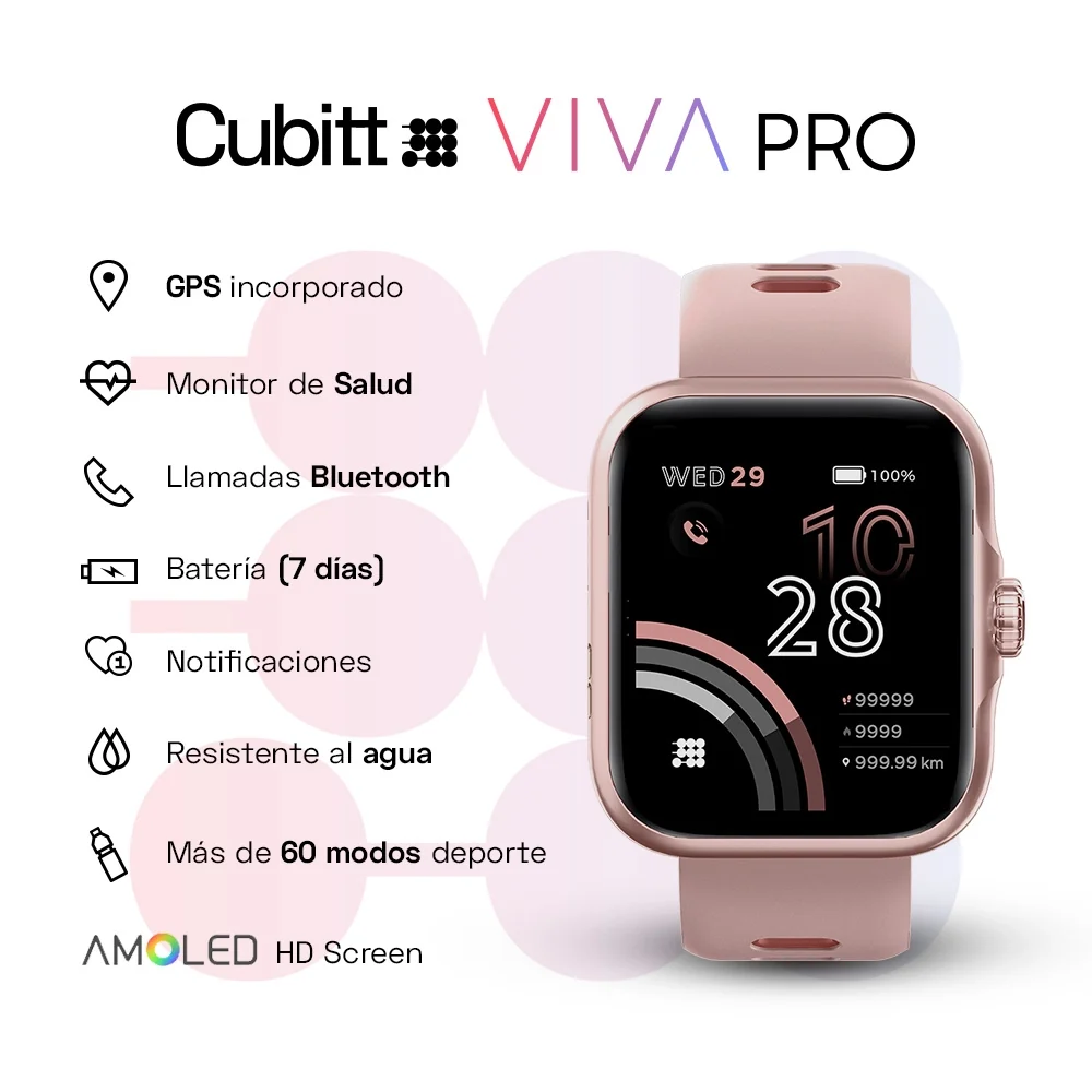 SMARTWATCH CUBITT VIVA PRO 2 - ROSADO - RESISTENTE AL AGUA 3O METROS - NOTIFICACIONES - RITMO CARDIACO - ASISTENTE DE VOZ - MONITOR DE ESTRES - Imagen 2